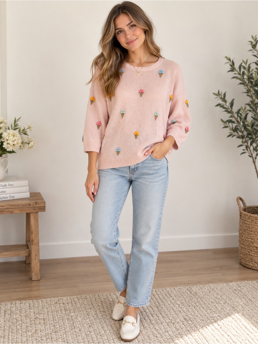 LOFT Pink Ice Cream Cone Embroidered Sweater Size L 100% Cotton